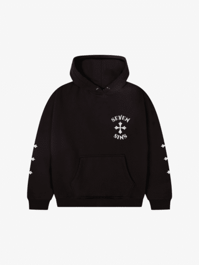 front of seven sins cross black hoodie flat