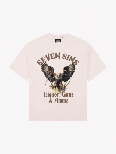 front of seven sins liquor, guns & ammo t-shirt white flat