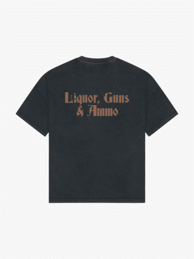 back of seven sins liquor, guns & ammo t-shirt vintage black flat