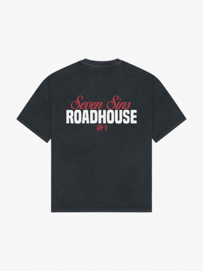 back of seven sins roadhouse t-shirt vintage black flat