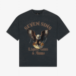 front of seven sins liquor, guns & ammo vintage black t-shirt flat