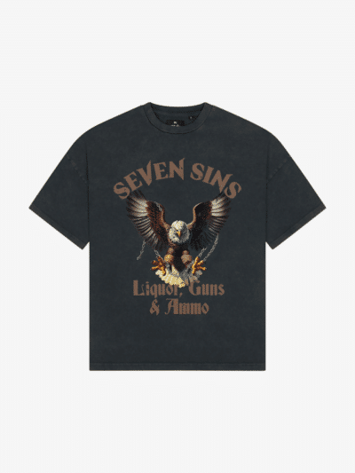 front of seven sins liquor, guns & ammo vintage black t-shirt flat