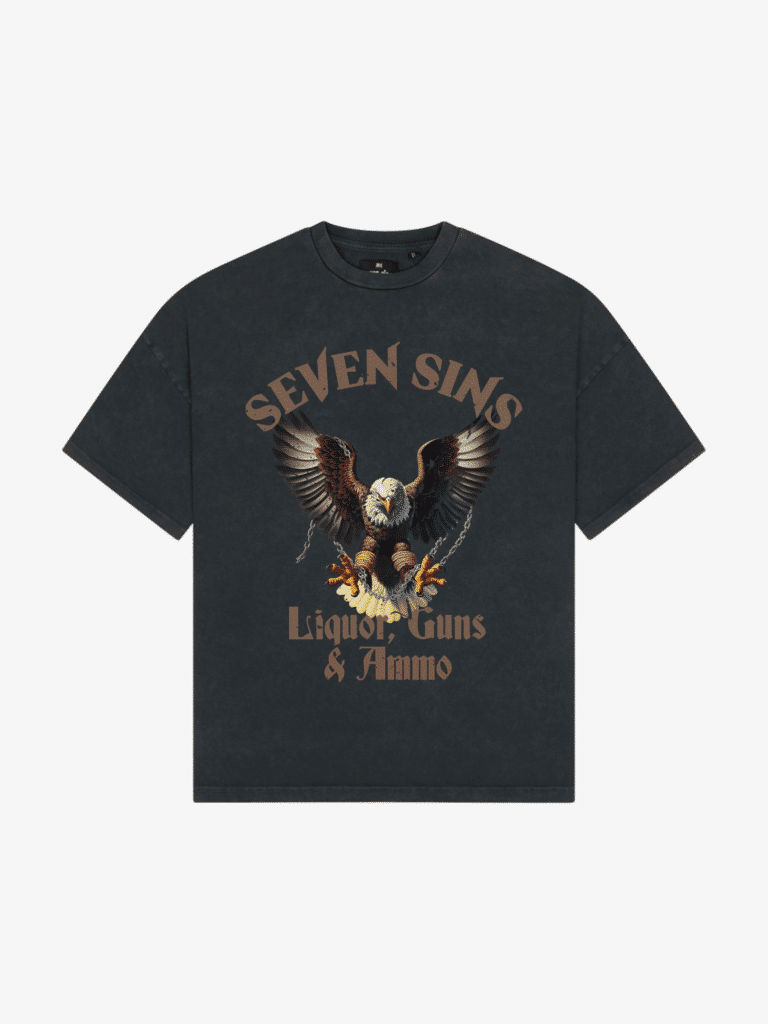 front of seven sins liquor, guns & ammo vintage black t-shirt flat